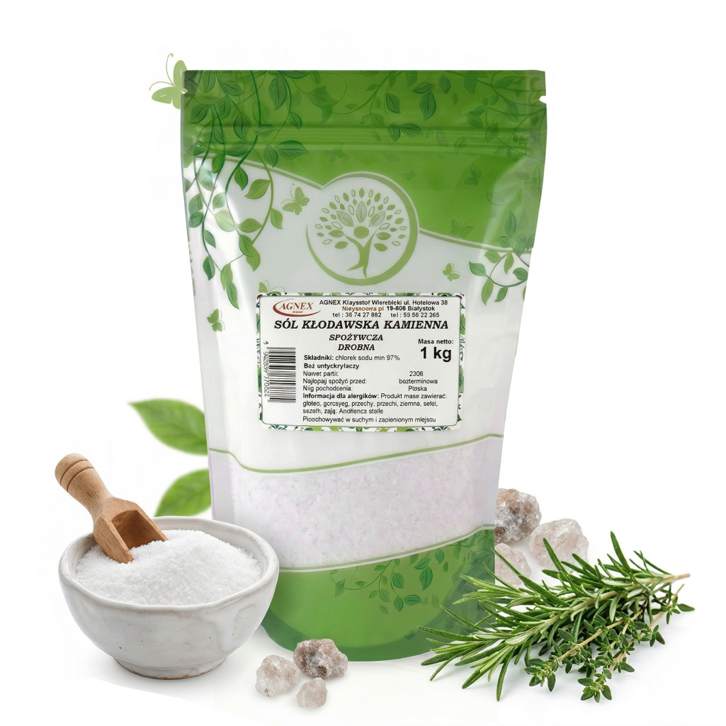 Sól Kłodawska Kamienna Drobna 1kg - Klasyczna przyprawa poprawiająca smak potraw, zup, ryb, mięs i sosów.