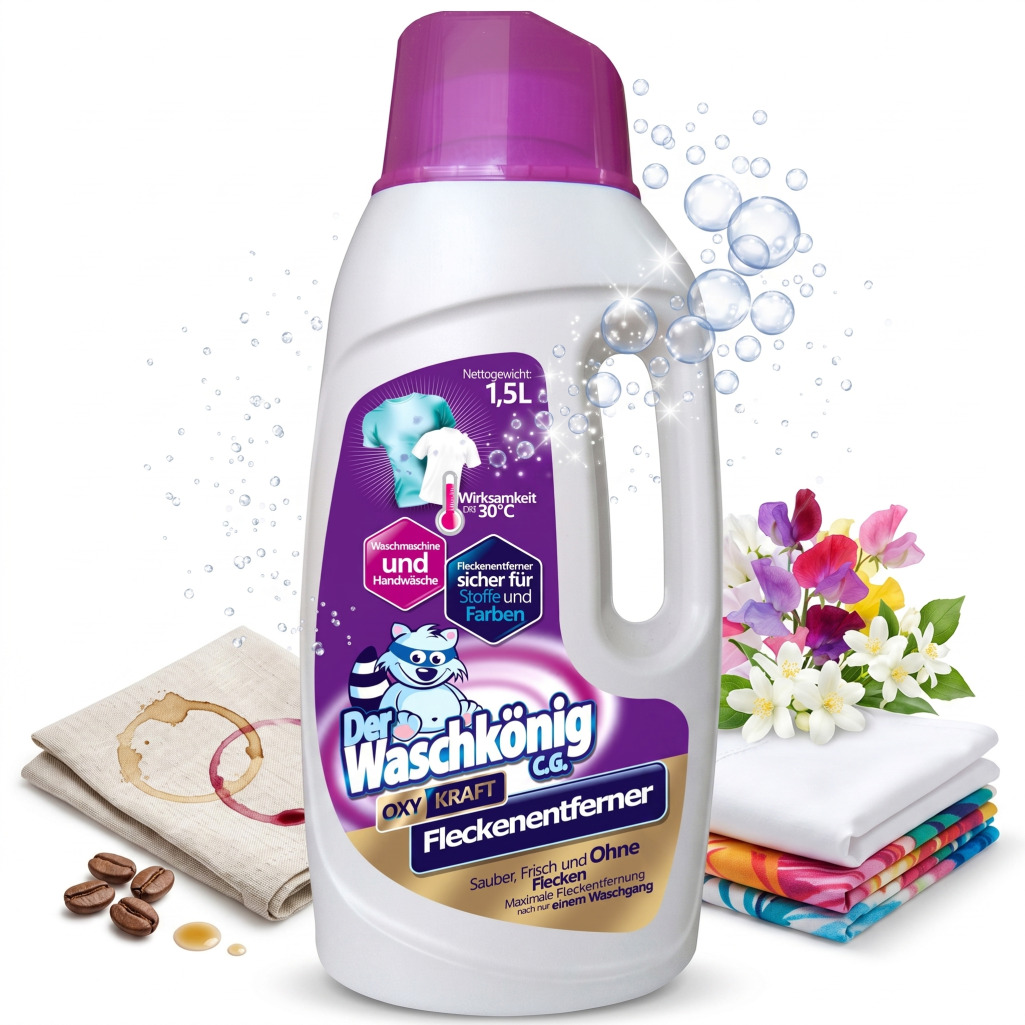 Waschkonig Fleckentferner Oxy 1,5L - Skuteczny odplamiacz do tkanin, usuwa trudne zabrudzenia.